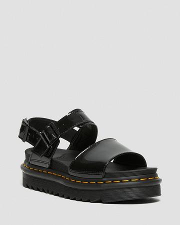 Black Women's Dr Martens Voss Patent Leather Strap Sandals | CA 330XYU